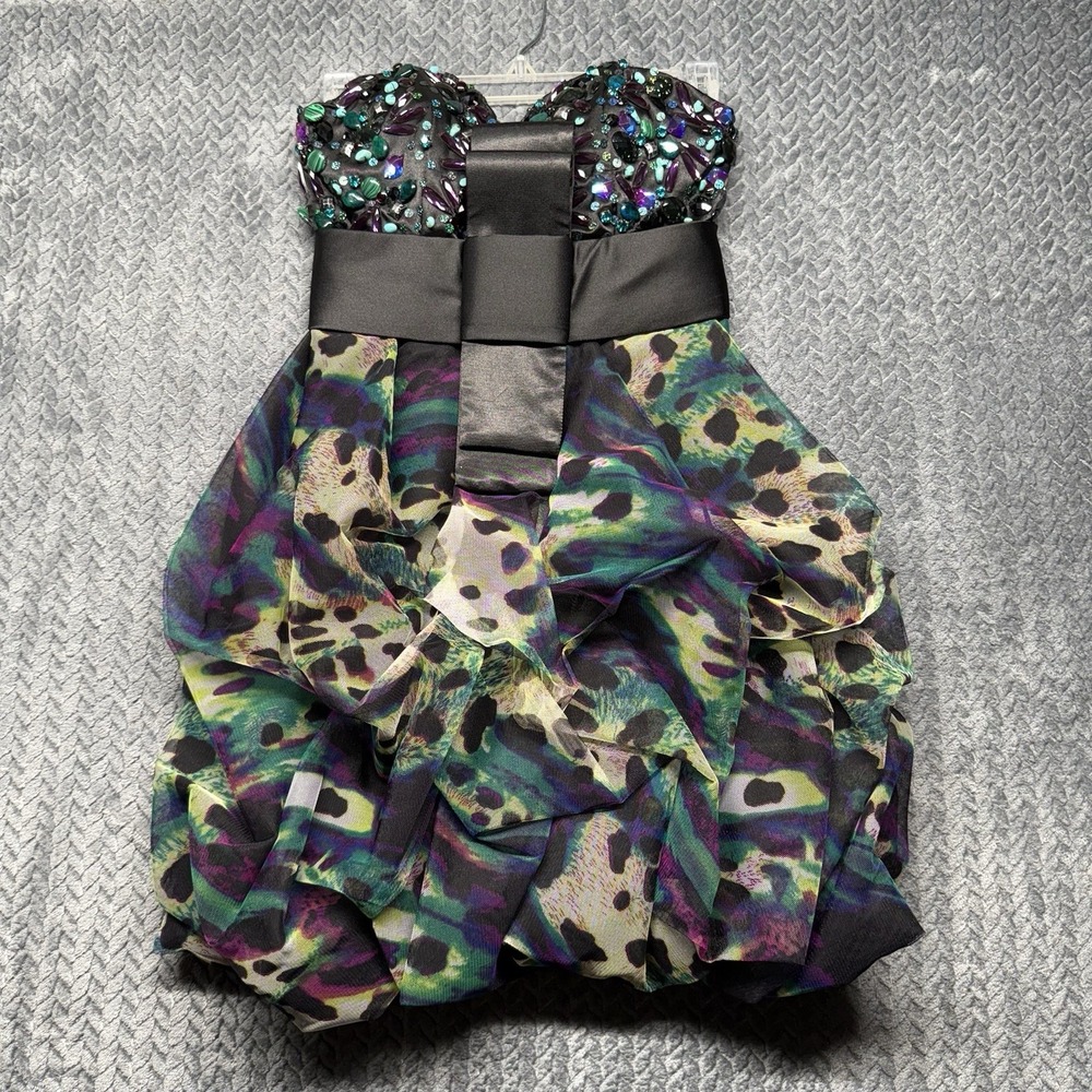 VTG Jovani Strapless Beaded‎ Bubble Hem Cocktail Dress Junior 0 Multi-Color